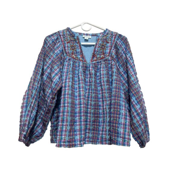 Sundance Peasant Embroidered Top Women Small Blue Plaid Puff Sleeves Boho Dainty - Picture 3 of 16